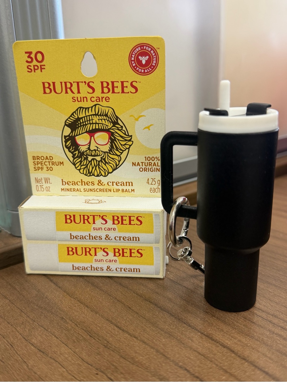 Black Tumbler Keychain and with Burt's Bees Lip Balm